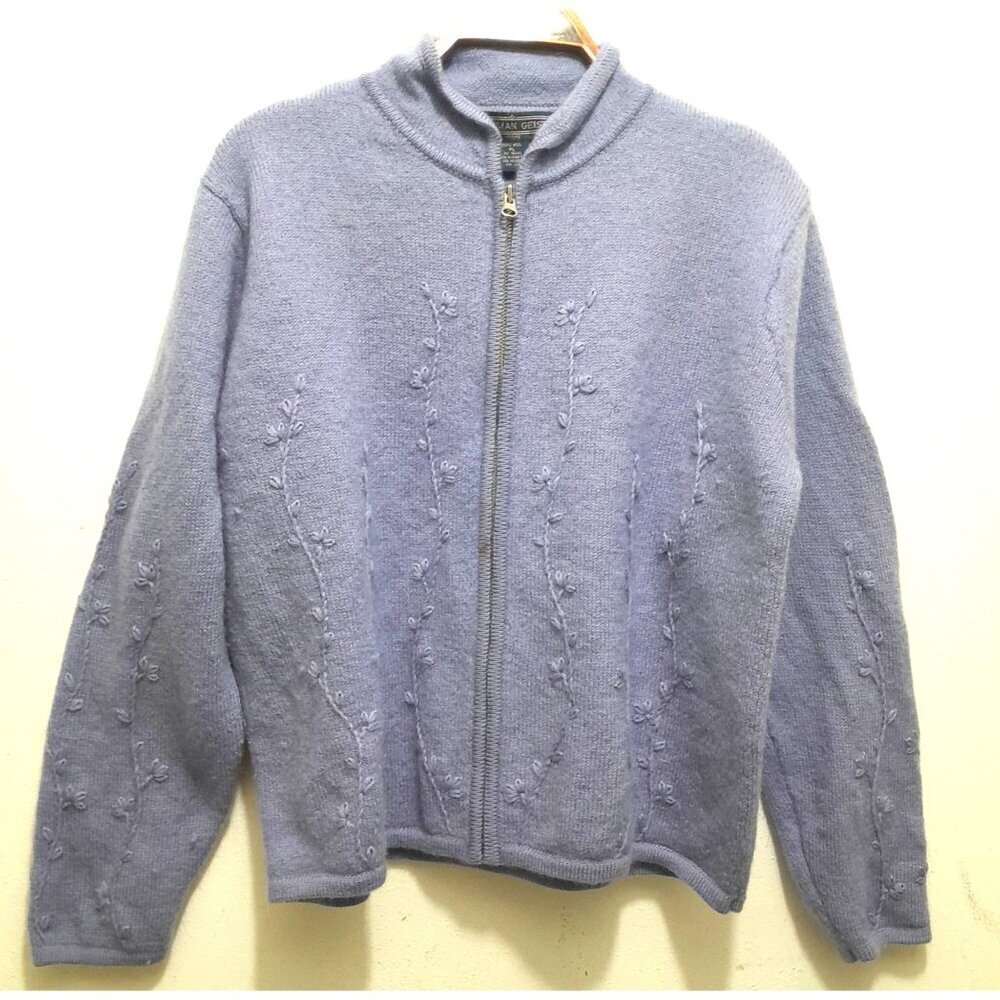 Vintage Herman Geist Womens Floral Embroidered Wool Petite Large Zip Cardigan